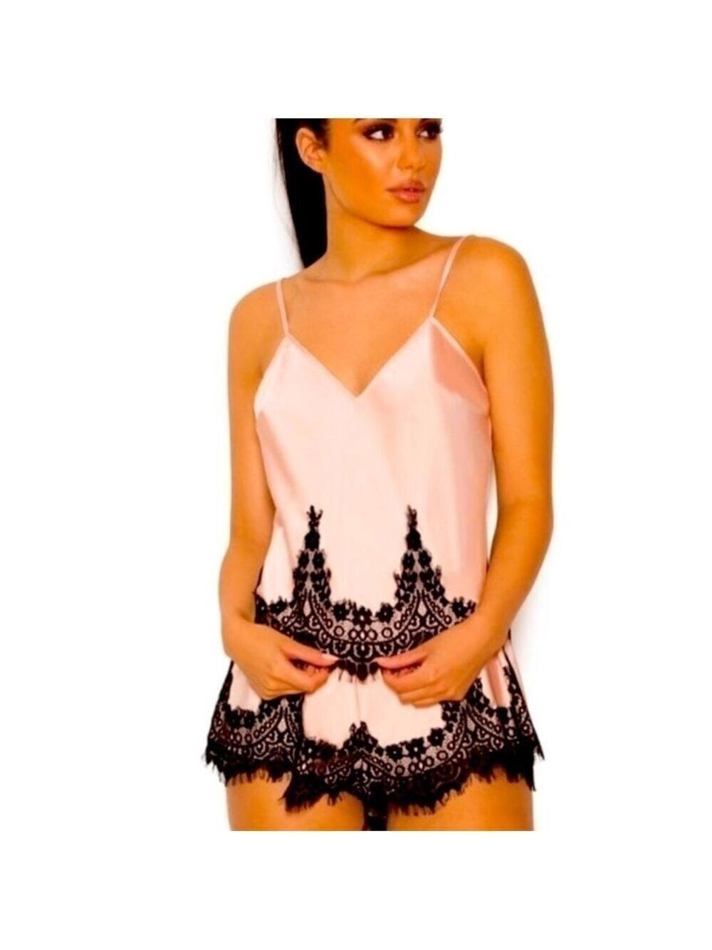 House of CB Black Lace Pink Satin Lingerie Lounge set